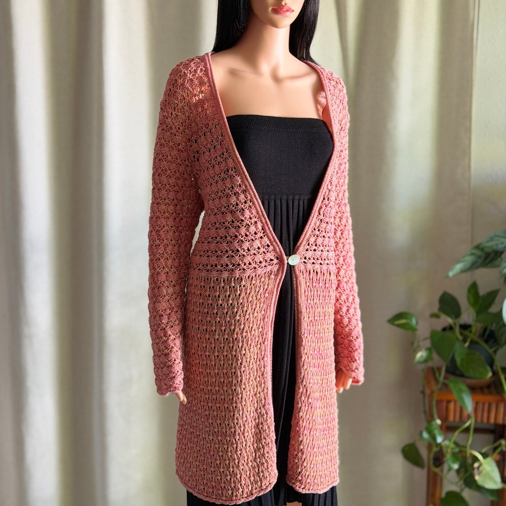 Vtg Y2K Sigrid Olsen Signature Pink Marled Cotton Open Knit Longline Cardigan XL
